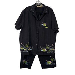 Pretty Bleu Womens Size 2X Black Embroidered Frog  Two Piece Set
